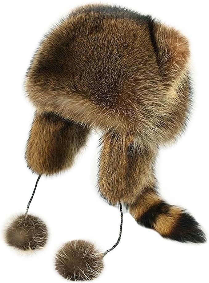 YJKIS Women Faux Fur Raccoon Tail Plush Hat Warm Winter Ear Protection Trapper Hat - Image 1